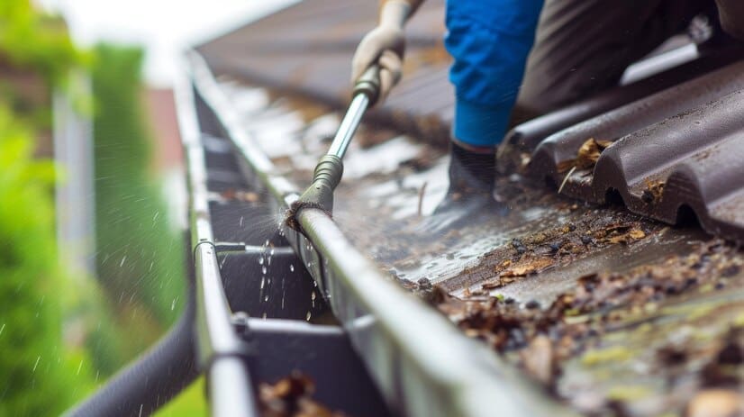 image of clogged gutters full of water